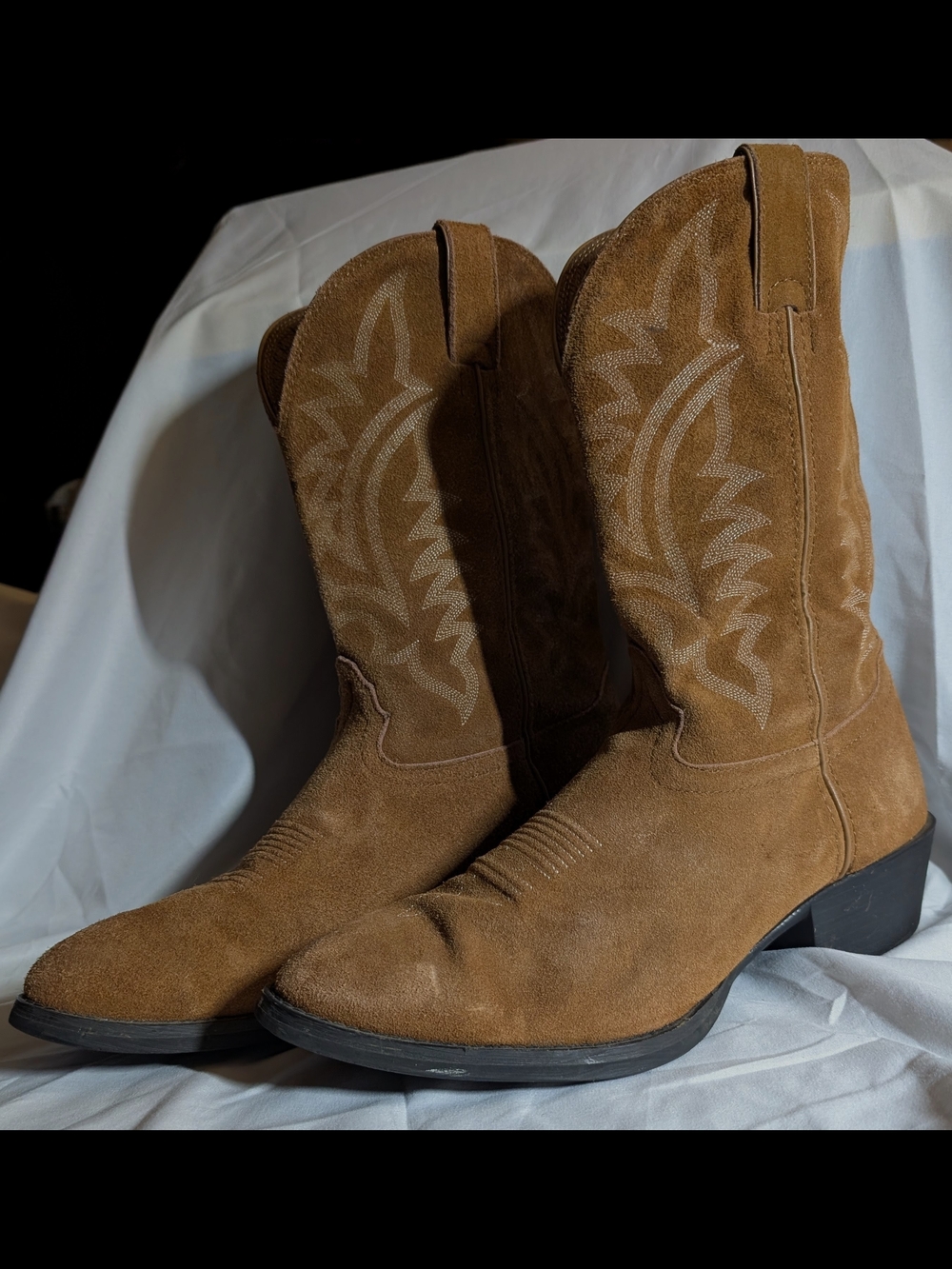 Tony Lama Tan Suede Cowboy Boots with Embroidered Stitching